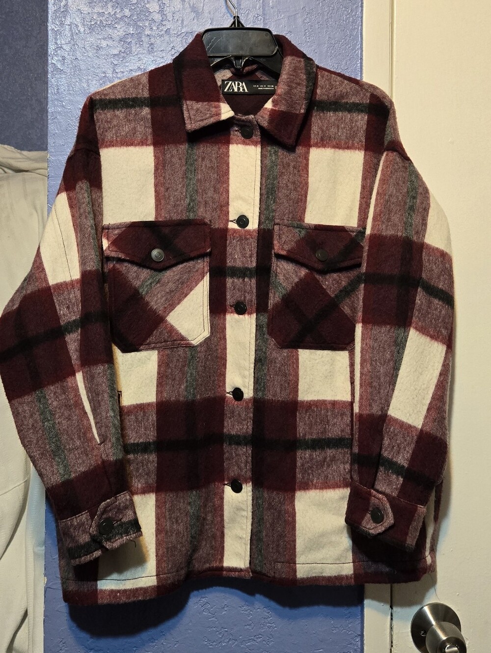Zara Plaid Wool-Blend Overshirt Size Small Color Burgandy/White